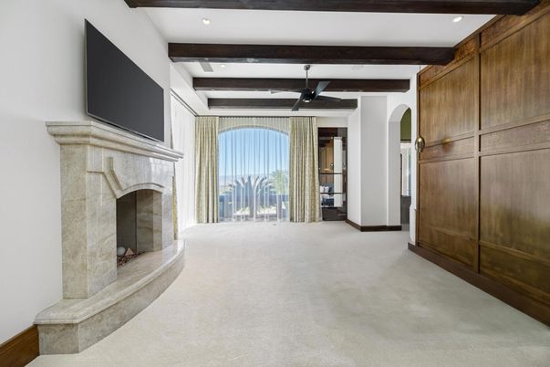 Fireplace, Interior, Recessed Lighting, Wooden Beams