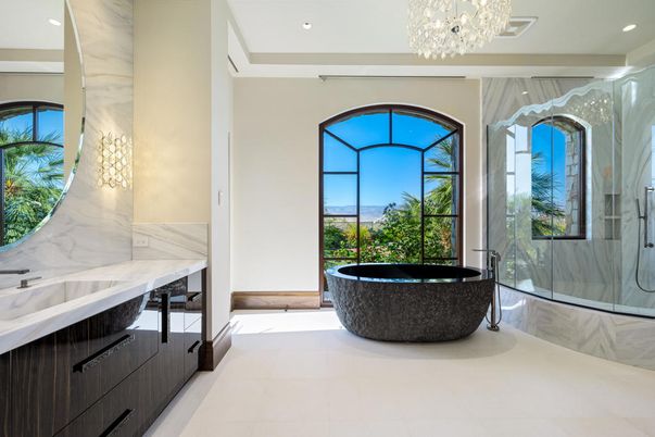 Bathroom, Free Standing Baths, Glass Shower, Interior, Marble Walls, Recessed Lighting