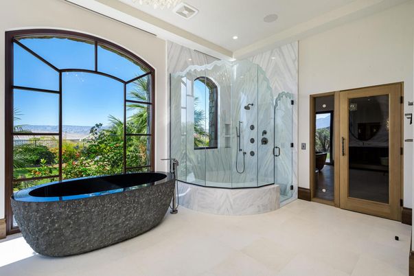 Bathroom, Free Standing Baths, Glass Shower, Interior, Marble Walls, Recessed Lighting
