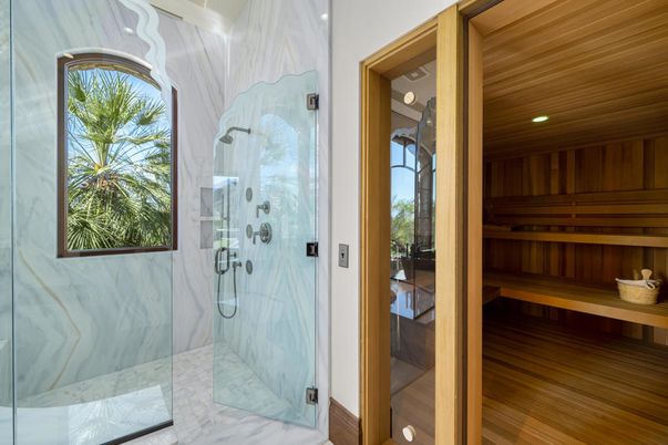 Bathroom, Glass Shower, Interior, Marble, Marble Walls, Recessed Lighting, Sauna Room