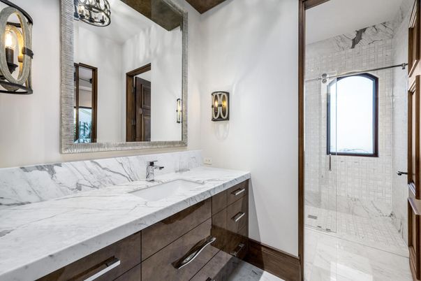 Bathroom, Dual Sink Vanities, Glass Shower, Interior, Marble