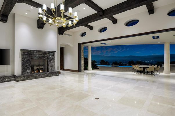Chandelier, Dining room, Fireplace, Interior, Pendant Lights, Recessed Lighting, Wooden Beams
