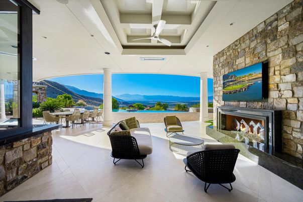 Dining room, Fireplace, Interior, Living room, Recessed Lighting, Stone Walls