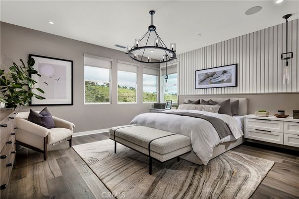 Bedroom, Chandelier, Interior, Pendant Lights, Recessed Lighting, Wood Texture Flooring