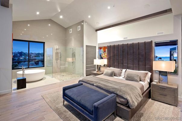 Bathroom, Bedroom, Free Standing Baths, Glass Shower, Interior, Recessed Lighting, Wood Texture Flooring