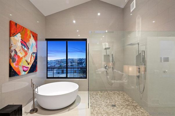 Bathroom, Free Standing Baths, Glass Shower, Interior, Recessed Lighting