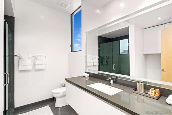 Bathroom, Glass Shower, Interior, Recessed Lighting, Wood Texture Flooring