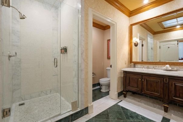 Bathroom, Glass Shower, Interior, Marble Walls, Recessed Lighting