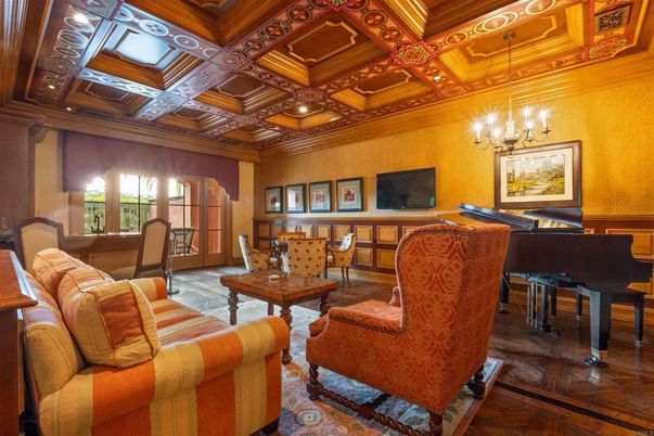 Chandelier, Interior, Living room, Piano, Recessed Lighting, Wooden Beams, Wooden Ceilings, Wood Texture Flooring, Wooden Walls