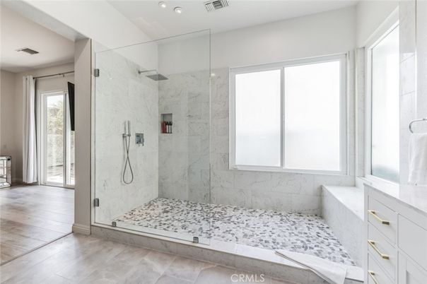 Bathroom, Glass Shower, Interior, Marble Walls, Recessed Lighting, Wood Texture Flooring