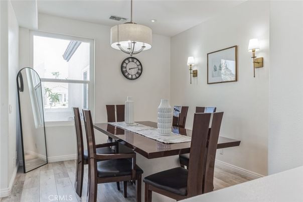 Dining room, Interior, Pendant Lights, Recessed Lighting, Wood Texture Flooring