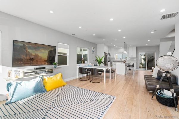 Dining room, Interior, Kitchen, Living room, Pendant Lights, Recessed Lighting, Stainless Steel Appliances, Wood Texture Flooring
