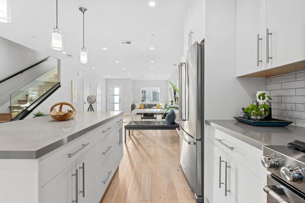 Dining room, Interior, Kitchen, Pendant Lights, Recessed Lighting, Stainless Steel Appliances, Wood Texture Flooring