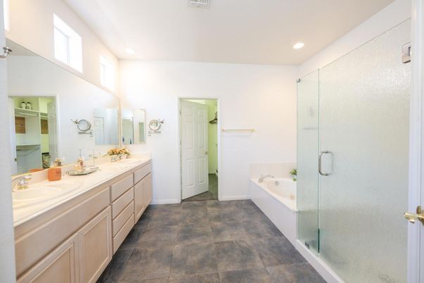 Bathroom, Dual Sink Vanities, Glass Shower, Interior, Recessed Lighting