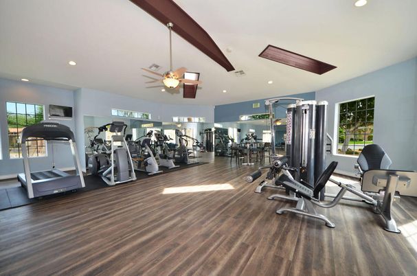 Fitness Equipment, Gym, Interior, Recessed Lighting, Wood Texture Flooring