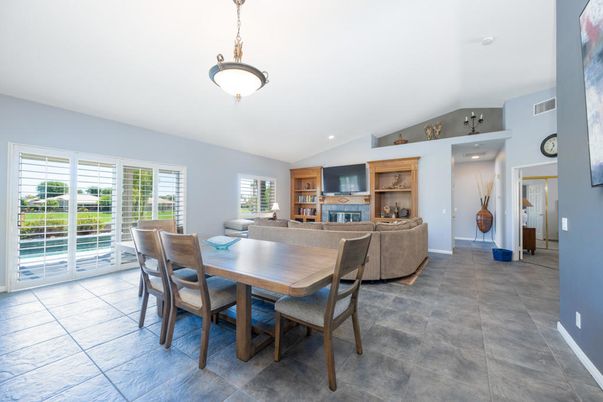 Dining room, Fireplace, Interior, Living room, Pendant Lights, Recessed Lighting