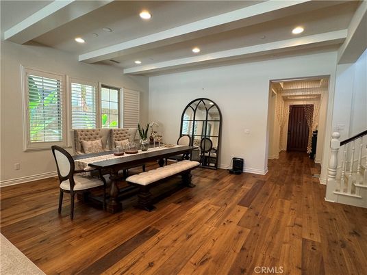 Dining room, Interior, Recessed Lighting, Wood Texture Flooring