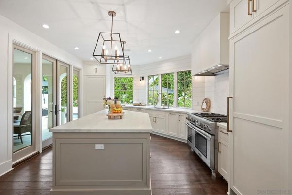 Chandelier, Interior, Kitchen, Pendant Lights, Recessed Lighting, Stainless Steel Appliances, Wood Texture Flooring