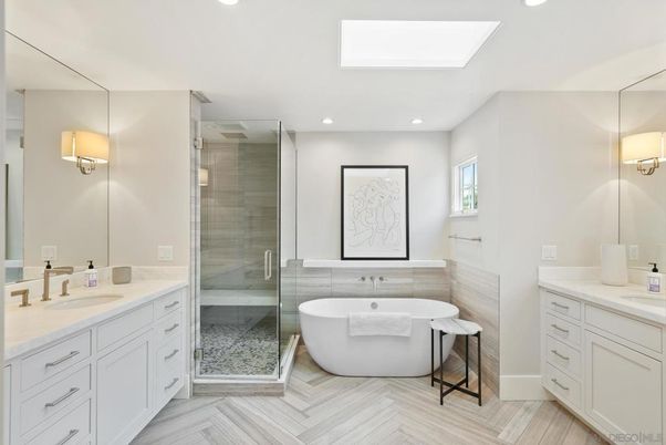 Bathroom, Dual Sink Vanities, Free Standing Baths, Glass Shower, Interior, Recessed Lighting, Wood Texture Flooring