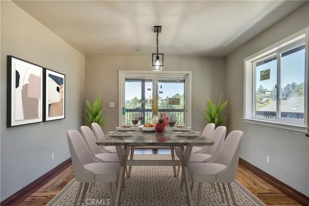 Dining room, Interior, Pendant Lights, Wood Texture Flooring