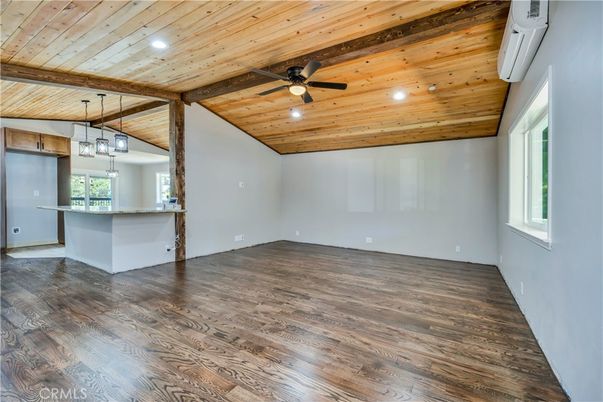Empty room, Interior, Pendant Lights, Recessed Lighting, Wooden Beams, Wooden Ceilings, Wood Texture Flooring
