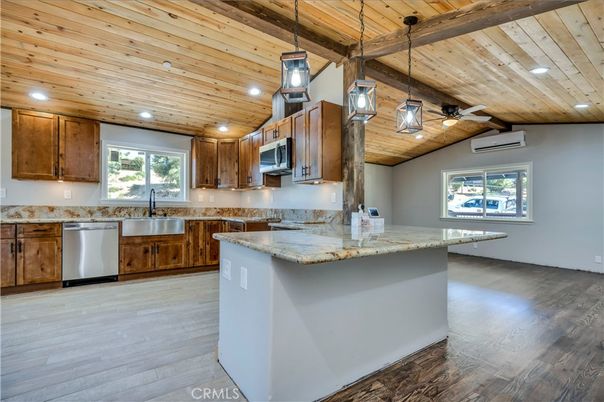 Interior, Kitchen, Pendant Lights, Recessed Lighting, Stainless Steel Appliances, Wooden Ceilings, Wood Texture Flooring