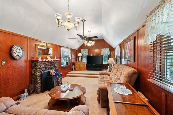 Chandelier, Fireplace, Interior, Living room, Wooden Walls