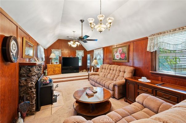 Chandelier, Fireplace, Interior, Living room, Wooden Walls