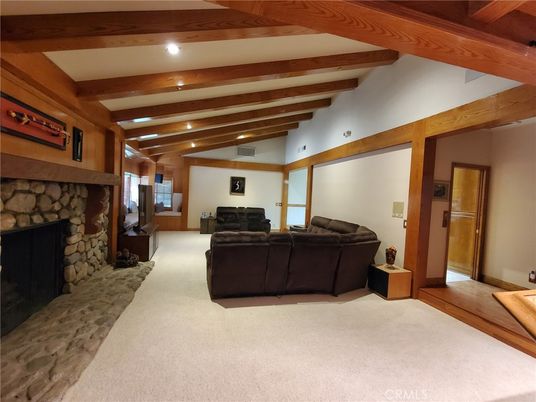 Fireplace, Interior, Living room, Recessed Lighting, Wooden Beams