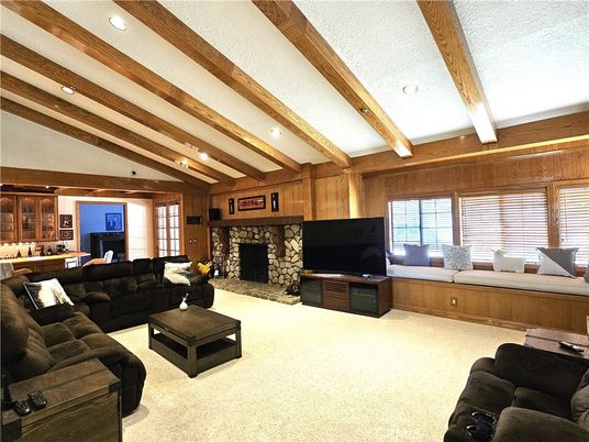 Fireplace, Interior, Living room, Recessed Lighting, Wooden Beams
