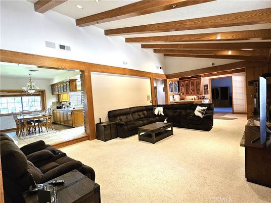 Chandelier, Dining room, Interior, Living room, Recessed Lighting, Wooden Beams