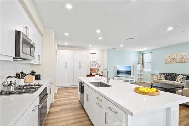 Interior, Kitchen, Living room, Recessed Lighting, Stainless Steel Appliances, Wood Texture Flooring