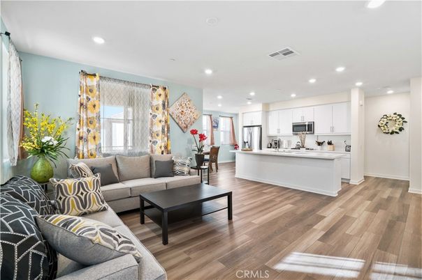 Dining room, Interior, Kitchen, Living room, Recessed Lighting, Stainless Steel Appliances, Wood Texture Flooring