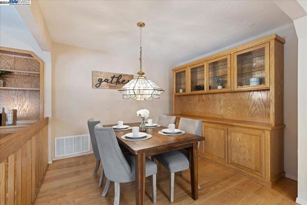 Dining room, Interior, Pendant Lights, Wood Texture Flooring