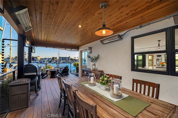 Dining room, Interior, Pendant Lights, Recessed Lighting, Water, Wooden Ceilings, Wood Texture Flooring