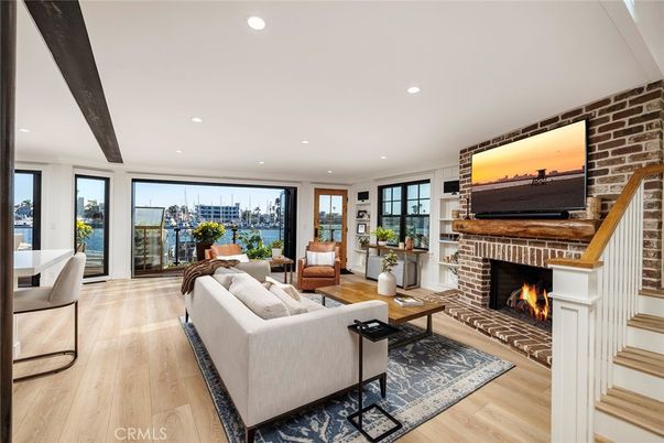 Fireplace, Interior, Living room, Recessed Lighting, Stone Walls, Wooden Beams, Wood Texture Flooring