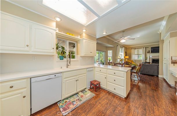 Dining room, Fireplace, Interior, Kitchen, Living room, Recessed Lighting, Wood Texture Flooring