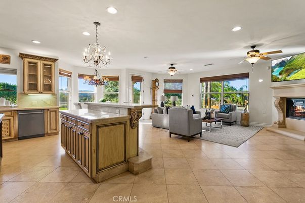 Chandelier, Fireplace, Interior, Kitchen, Living room, Recessed Lighting