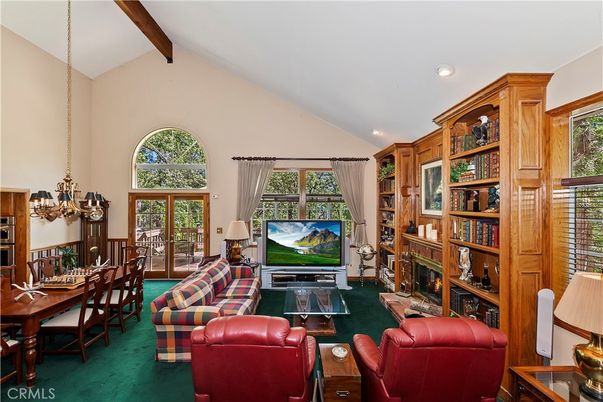 Chandelier, Dining room, Fireplace, Interior, Living room, Recessed Lighting, Wooden Beams