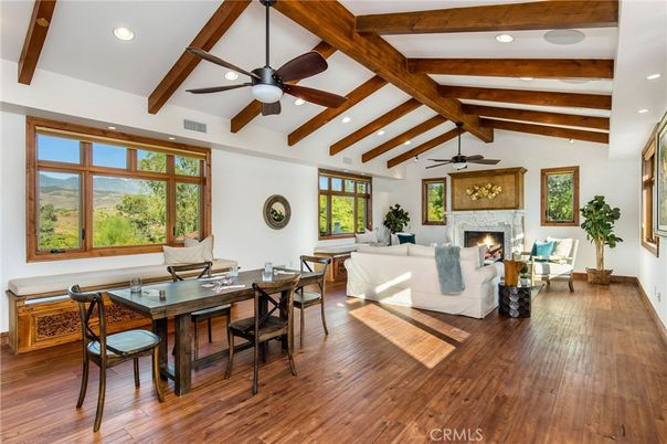 Dining room, Fireplace, Interior, Living room, Recessed Lighting, Wooden Beams, Wood Texture Flooring