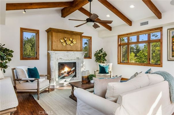 Fireplace, Interior, Living room, Recessed Lighting, Wooden Beams, Wood Texture Flooring