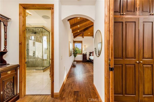 Bathroom, Glass Shower, Interior, Wooden Beams, Wooden Ceilings, Wood Texture Flooring