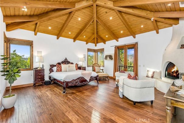 Bedroom, Fireplace, Interior, Recessed Lighting, Wooden Beams, Wooden Ceilings, Wood Texture Flooring