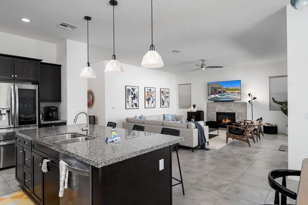 Fireplace, Interior, Kitchen, Living room, Pendant Lights, Recessed Lighting, Stainless Steel Appliances