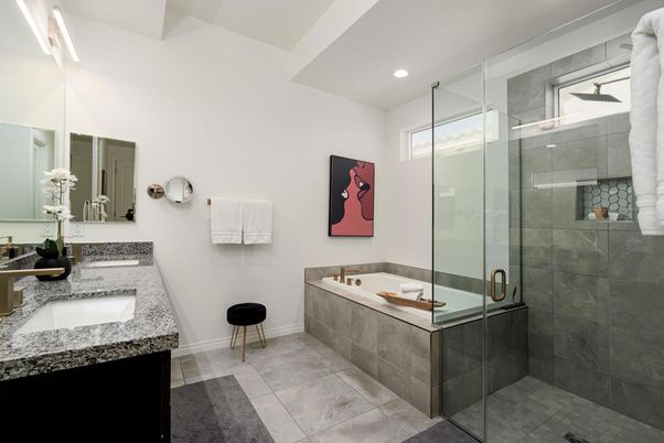 Bathroom, Dual Sink Vanities, Glass Shower, Interior, Recessed Lighting