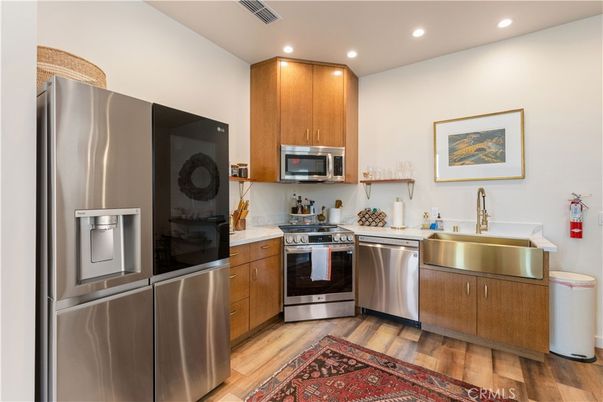 Interior, Kitchen, Recessed Lighting, Stainless Steel Appliances, Wood Texture Flooring