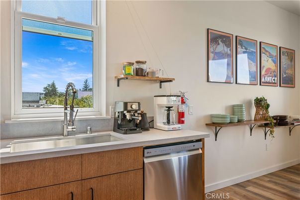 Interior, Kitchen, Stainless Steel Appliances, Water, Wood Texture Flooring
