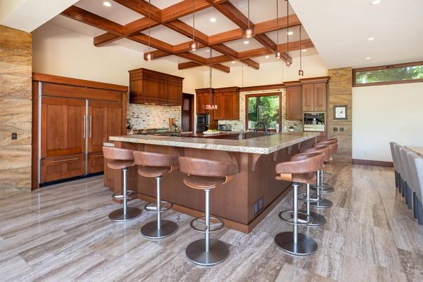Interior, Kitchen, Pendant Lights, Recessed Lighting, Wooden Beams, Wood Texture Flooring