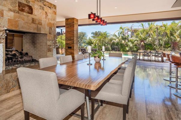Dining room, Interior, Pendant Lights, Pool, Recessed Lighting, Stone Walls, Wood Texture Flooring