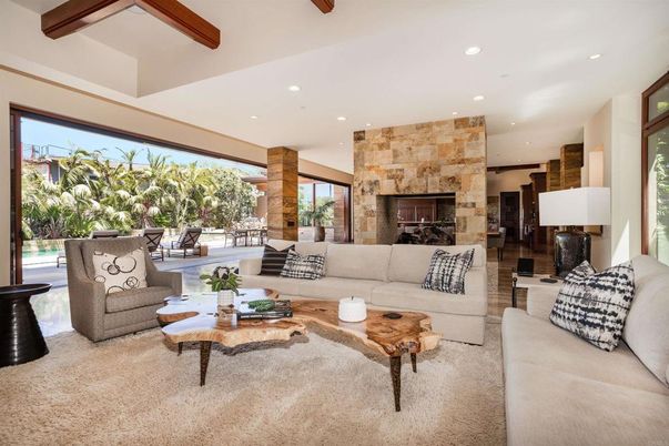 Fireplace, Interior, Living room, Recessed Lighting, Stone Walls